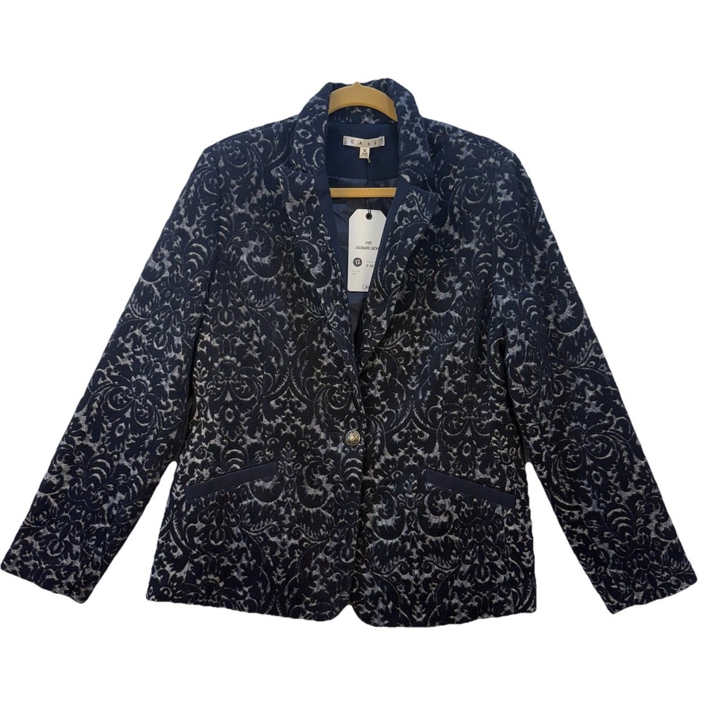 Cabi Damask Jacquard Brocade Blazer Women's 12 Wool Blend Style‎ #109 Dark Blue